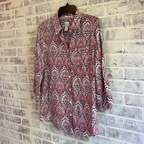 Chicos Sz 2 Women’s US 12 L 100% Linen Pink Paisley Button Up Blouse 3/4 Sleeve - Picture 2 of 8